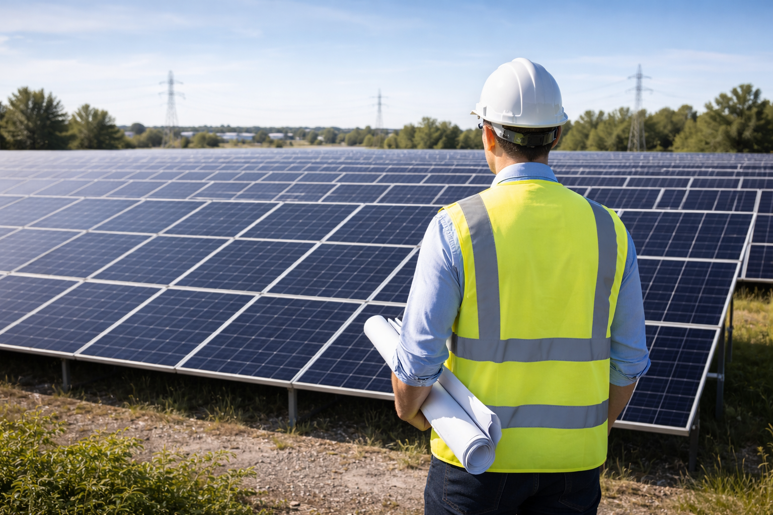 Engineer standing at solar farm panorama